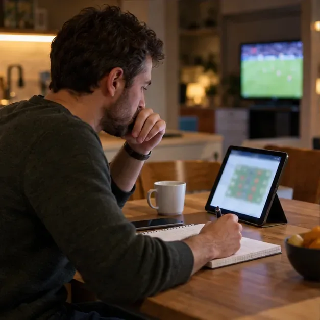 Un supporter consulte une page de football sur une tablette et prend des notes dans un carnet.