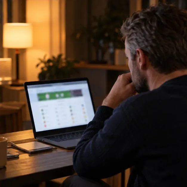 Un supporter consulte sur un ordinateur une page récapitulative de football après un match.