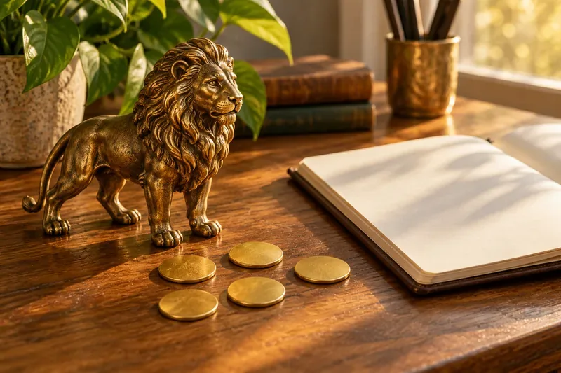 A brass lion figurine beside five gold-toned discs and an open notebook on a sunlit wooden desk