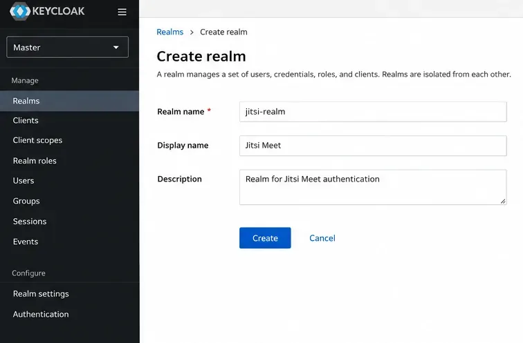 Formulaire Keycloak create-realm avec le nom de royaume jitsi-realm.