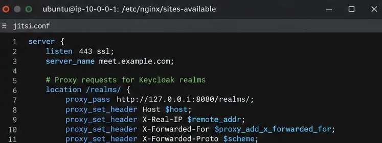 Éditeur de texte avec un bloc de localisation Nginx redirigeant les requêtes de domaine vers Keycloak.
