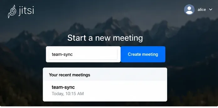 Vue de création de réunion Jitsi Meet avec le nom de salle team-sync et un bouton Créer une réunion.
