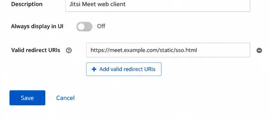 Paramètres du client Keycloak affichant l'URL de redirection de l'authentification unique Jitsi.