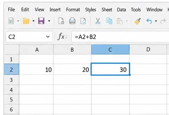 LibreOffice Calc 顯示 A2 單元格為 10,B2 單元格為 20,輸入行中的公式為 =A2+B2,C2 單元格為 30。