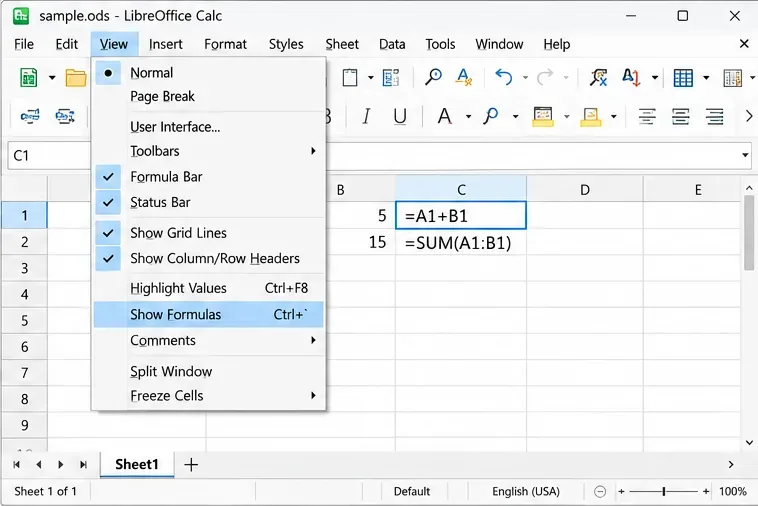 LibreOffice Calc 視圖選單中的「顯示公式」指令和公式表達式在儲存格 C1 和 C2 中可見。
