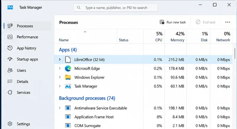 Windows Task Manager Processes page showing a LibreOffice process among running applications