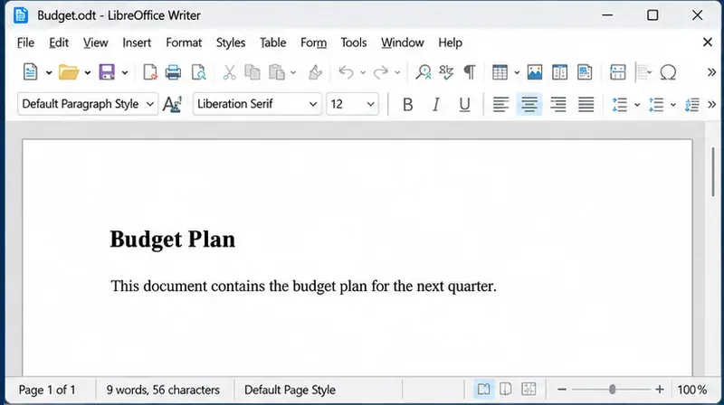 LibreOffice Writer editing Budget.odt with the Budget Plan heading visible and no lock dialog