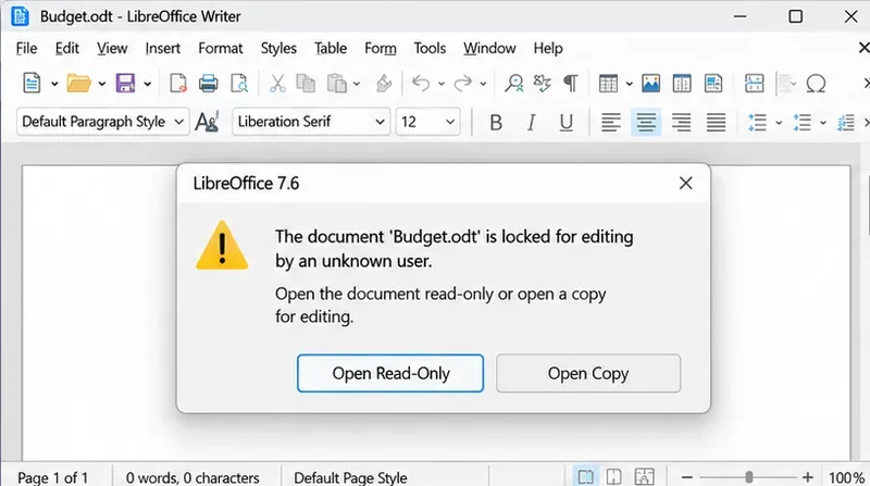 LibreOffice Writer warning that Budget.odt is locked for editing by an unknown user, with Open Read-Only and Open Copy choices