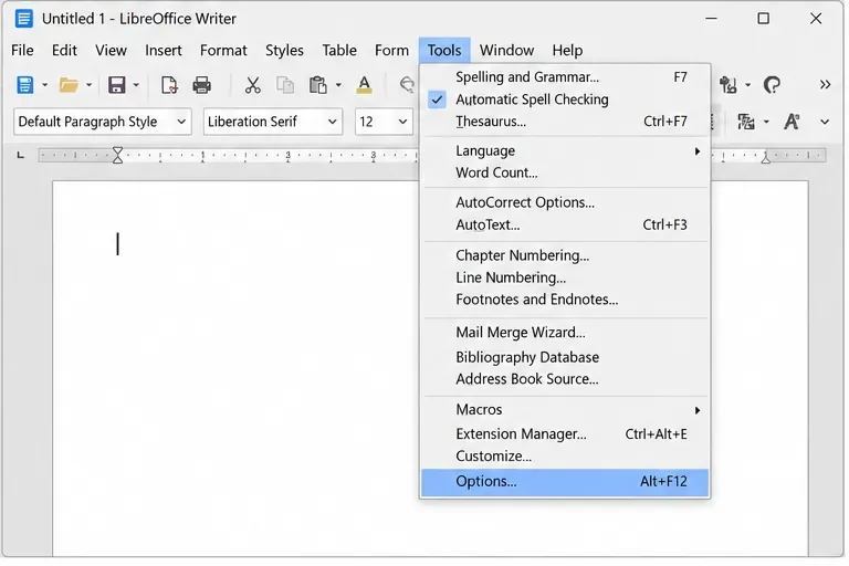 LibreOffice Writer Tools menu open with the Options command highlighted
