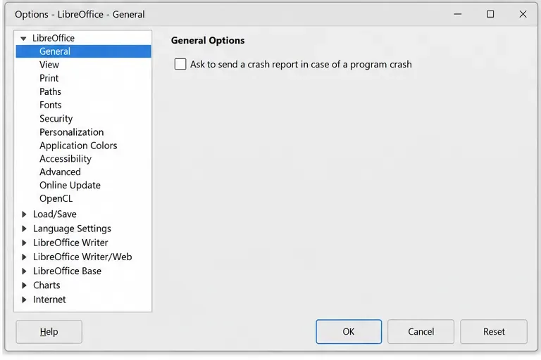 LibreOffice General options showing the crash-report prompt checkbox cleared