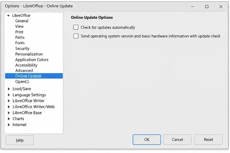 LibreOffice Online Update options with automatic checking and operating-system hardware information unchecked