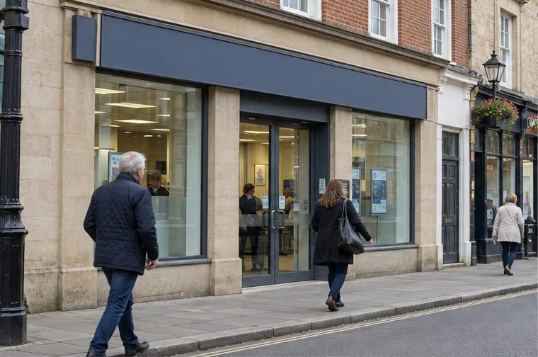 Customers walk past an unbranded bank branch on a British high street.