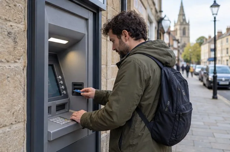 A customer uses an outdoor cash machine on a British town street.