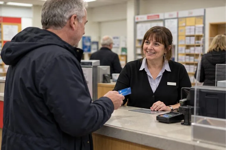 A customer speaks with a counter clerk while holding a bank card at a local service counter.