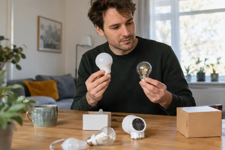 Een bewoner vergelijkt een ledlamp met een traditionele lamp en bekijkt een thermostaat aan tafel.