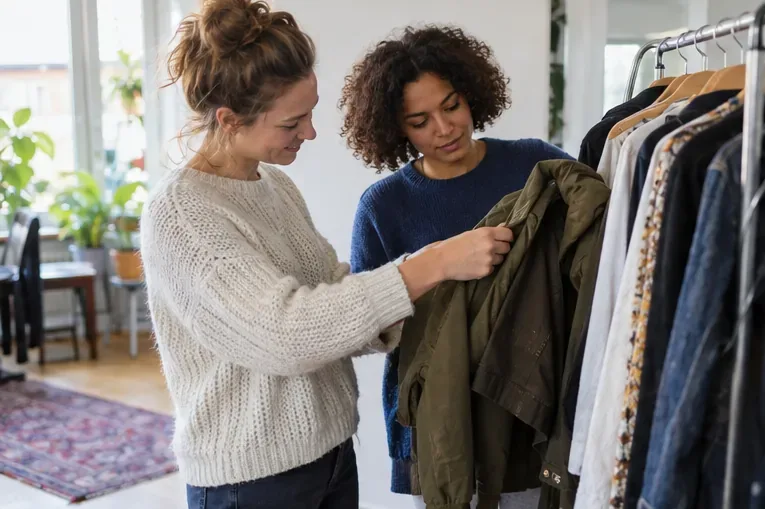 Twee vrouwen bekijken samen een jas aan een kledingrek.