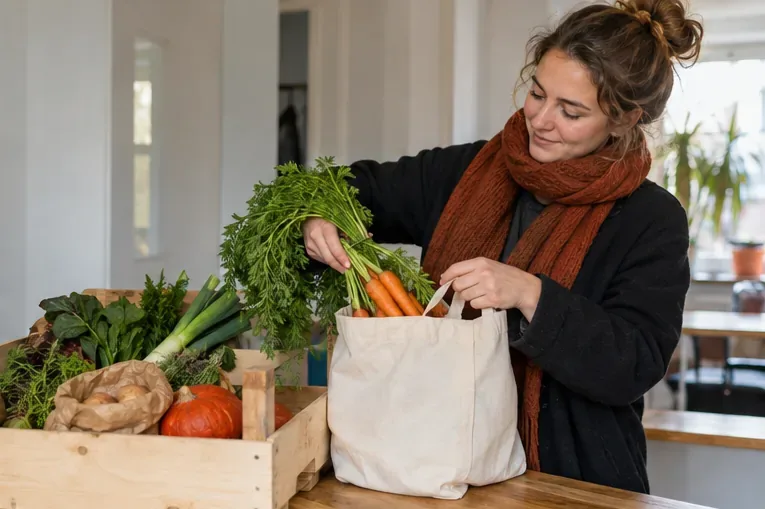 Een vrouw doet verse groenten uit een krat in een herbruikbare tas.