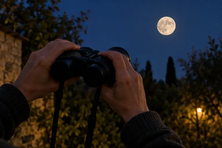 Una persona tiene un binocolo verso la Luna piena in un giardino al buio