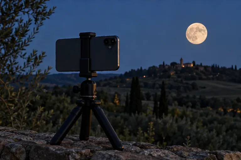 Uno smartphone fissato a un piccolo treppiede punta verso la Luna piena sopra un paesaggio collinare