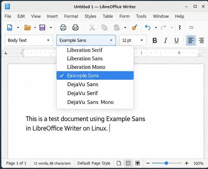 LibreOffice Writer shows Example Sans selected in the font name dropdown above a short sample paragraph.