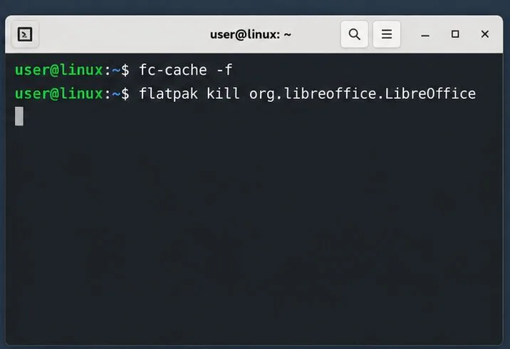 A Linux terminal displays fc-cache -f followed by flatpak kill org.libreoffice.LibreOffice.