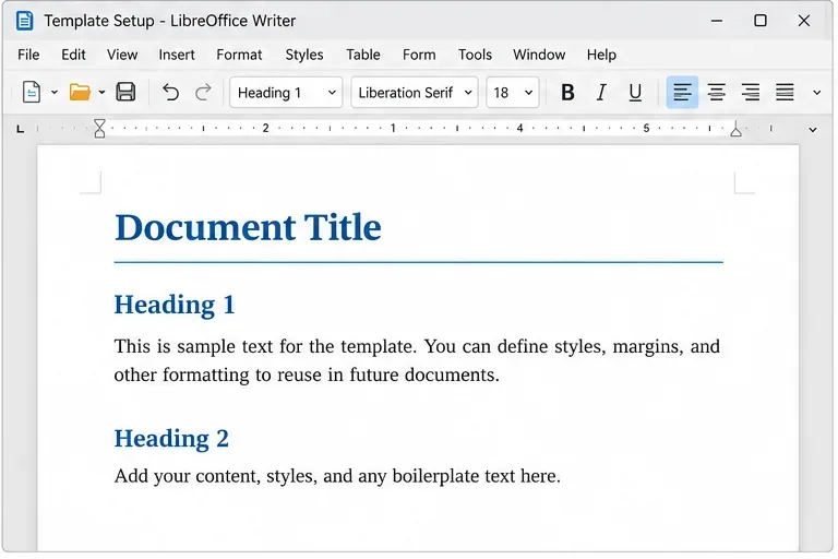 LibreOffice Writer document with a title, heading styles, and sample starter paragraphs prepared as a reusable template