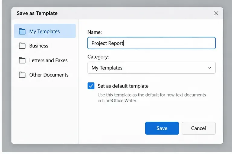 Save as Template dialog with My Templates selected and Set as default template checked