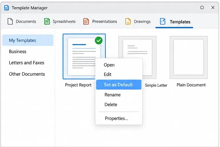 Template Manager with a template selected, a green default check, and the Set as Default context menu item