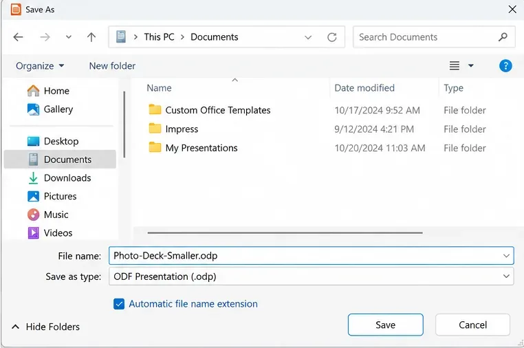 Save As dialog showing the file name Photo-Deck-Smaller.odp and the ODF Presentation file type.