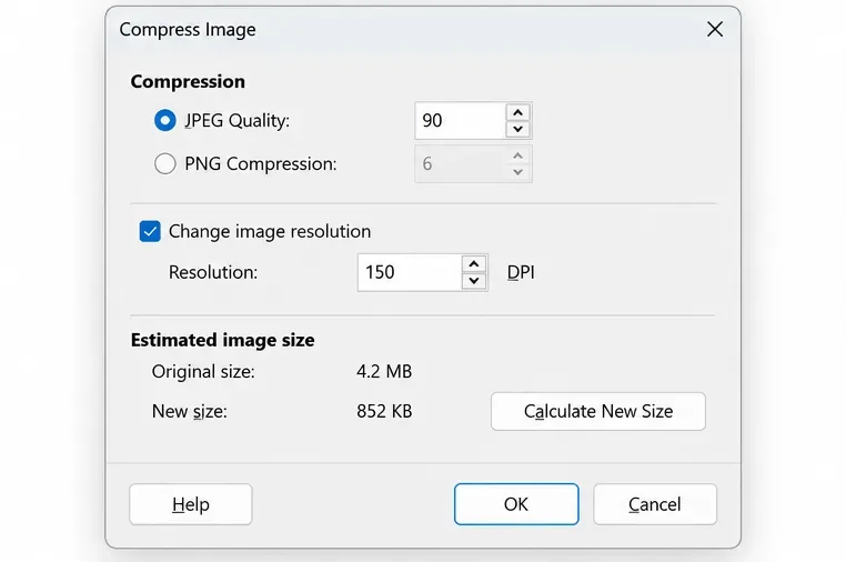 Compress Image dialog displaying JPEG quality, the image resolution option, and Calculate New Size.