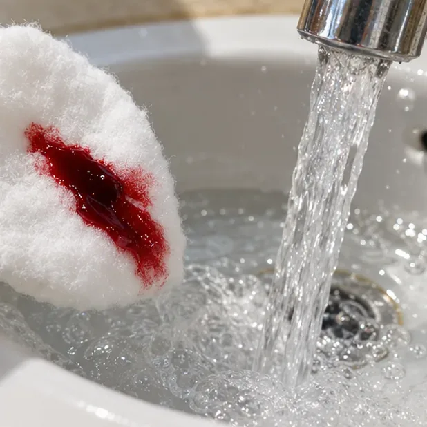 Una macchia di sciroppo rosso su cotone bianco accanto a un fresco acqua corrente.