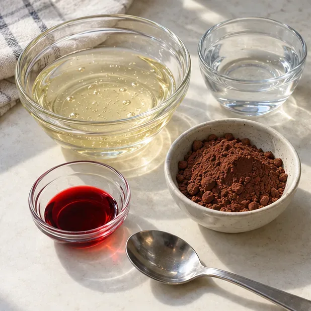 Piccole ciotole contenenti sciroppo di mais, acqua, colorante alimentare rosso e cacao in polvere, disposte con un cucchiaio.