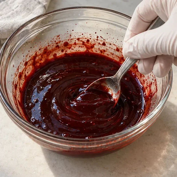 Una mano guantata mescola del finto sangue lucido, di colore rosso-marrone scuro, in una ciotola di vetro.