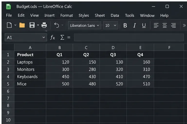 A Calc worksheet in the dark application theme shows readable light text in cells with dark gray fills.