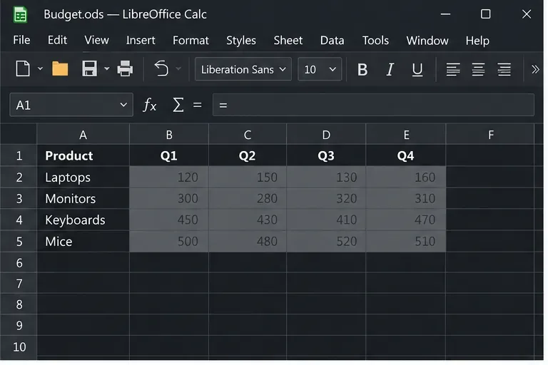 A dark Calc worksheet shows low-contrast black numbers inside dark gray filled cells, while the Product header remains visible.