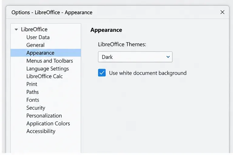 The LibreOffice Appearance options show the Dark theme and the Use white document background checkbox selected.