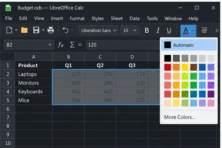 A selected Calc range is shown with the Font Color palette open and Automatic highlighted.