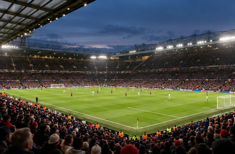 Vue générale d’un stade de football éclairé en soirée