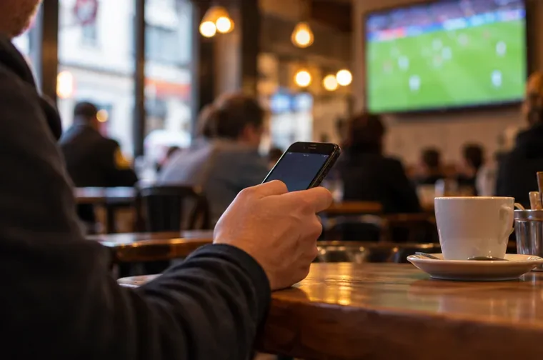 Un spectateur consulte son téléphone dans un café où un match passe à la télévision