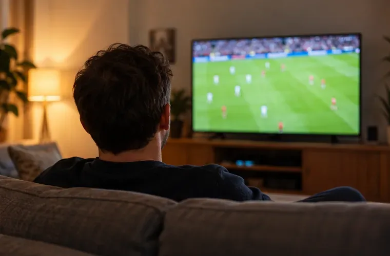 Un supporter regarde une retransmission de football depuis son salon