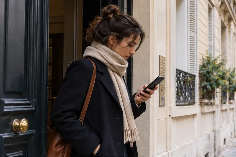Une voyageuse consulte son téléphone devant la porte d’un immeuble parisien avant de partir.