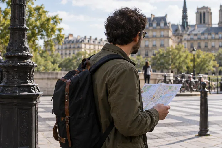 Un piéton consulte une carte papier sur un trottoir parisien en choisissant son chemin.