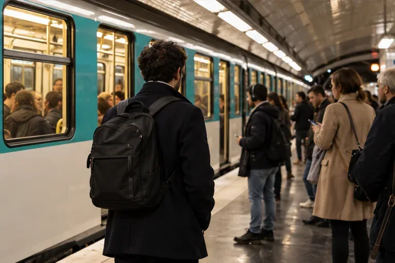 Des voyageurs attendent sur un quai de métro à côté d’une rame arrêtée.