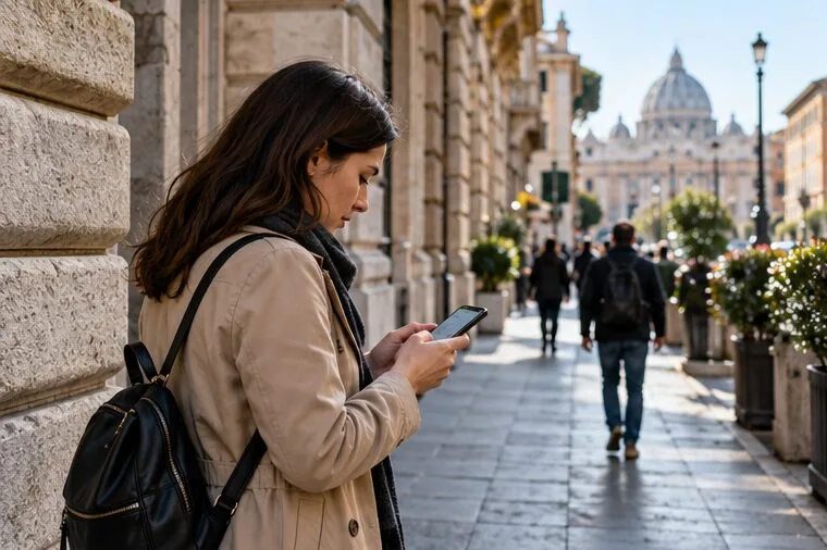 Una pendolare consulta lo smartphone su un marciapiede romano prima di scegliere il percorso
