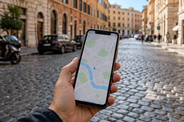 Una mano tiene uno smartphone con una mappa stradale generica su una via romana