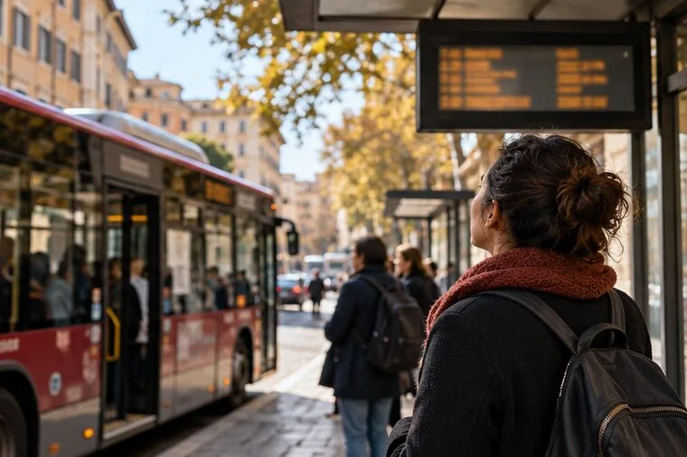 Una passeggera alla fermata controlla il pannello sopra un autobus urbano a Roma