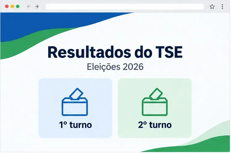 Uma tela esquemática mostra as opções de primeiro e segundo turno para consultar os resultados das Eleições 2026.