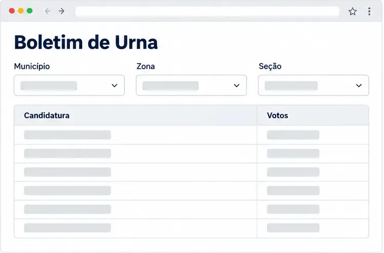 Relatório esquemático de Boletim de Urna com campos de município, zona, seção, candidatura e votos, sem nomes ou números reais.