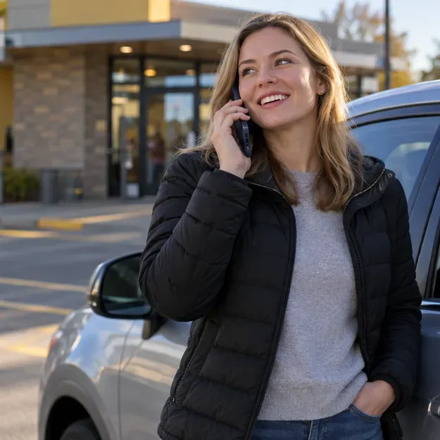 A customer makes a phone call beside a parked car outside a quick-service restaurant.