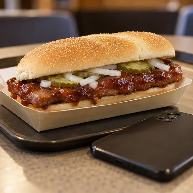 A barbecue pork sandwich topped with sliced onions and pickles sits in a tray beside a face-down smartphone.
